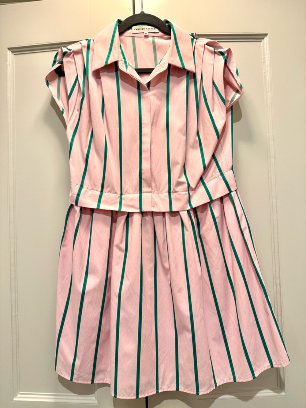 English Factory Pink Dress with Green Vertical Stripes